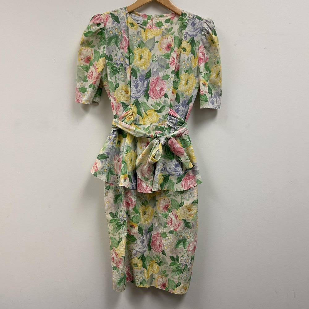 Vintage Blondie And Me Dress Womens Small Multicolor Floral Peplum Bow Midi